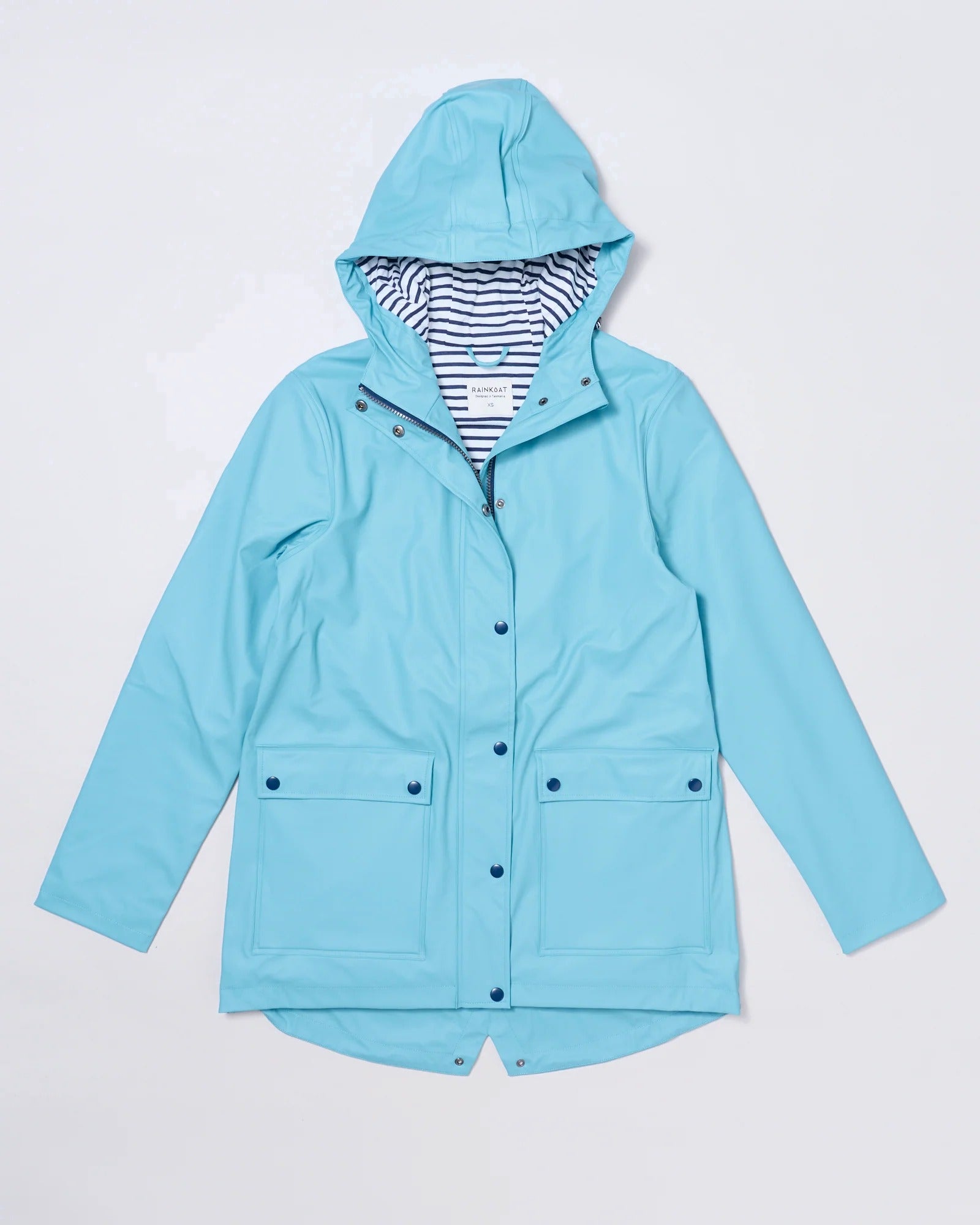 Adult waterproof Stripy Sailor raincoat in Aqua Blue | Rainkoat