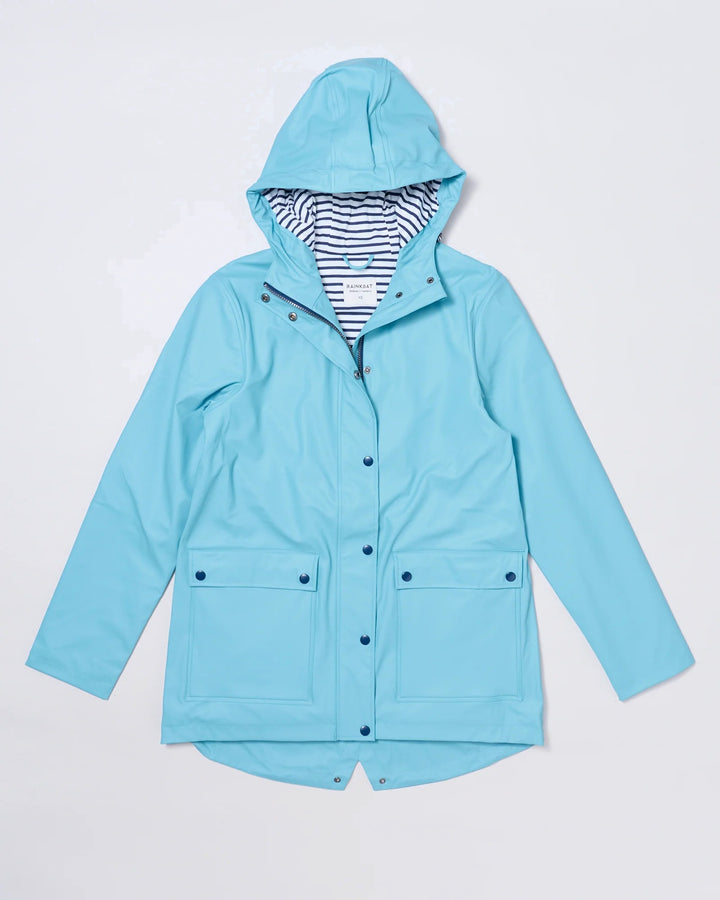 Adult waterproof Stripy Sailor raincoat in Aqua Blue | Rainkoat