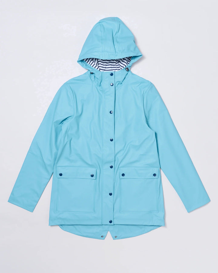 Adult waterproof Stripy Sailor raincoat in Aqua Blue | Rainkoat