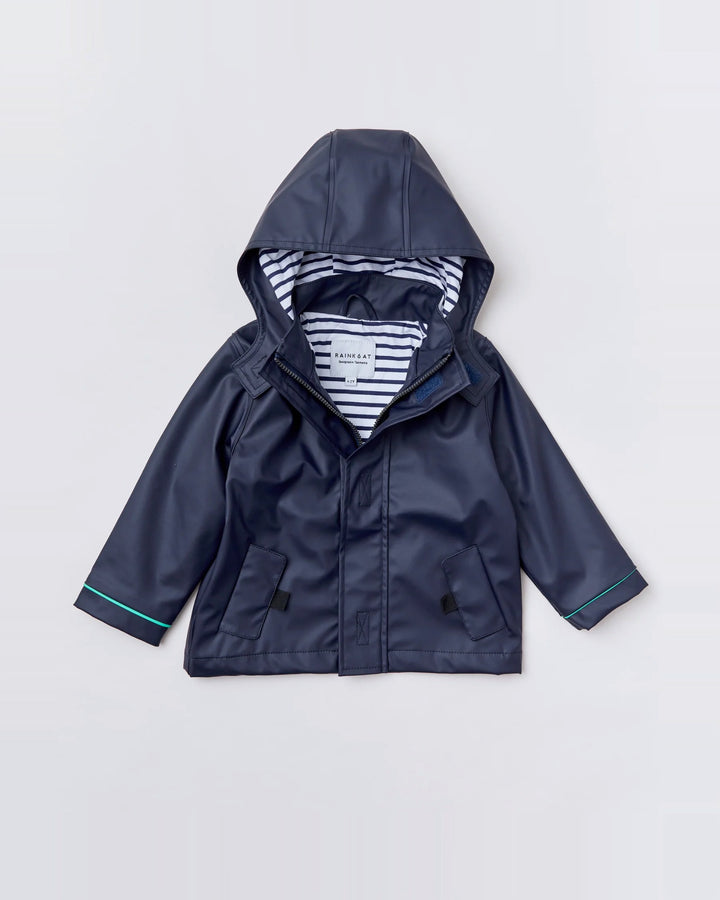 Kids waterproof Stripy Sailor raincoat in Midnight Navy | Rainkoat